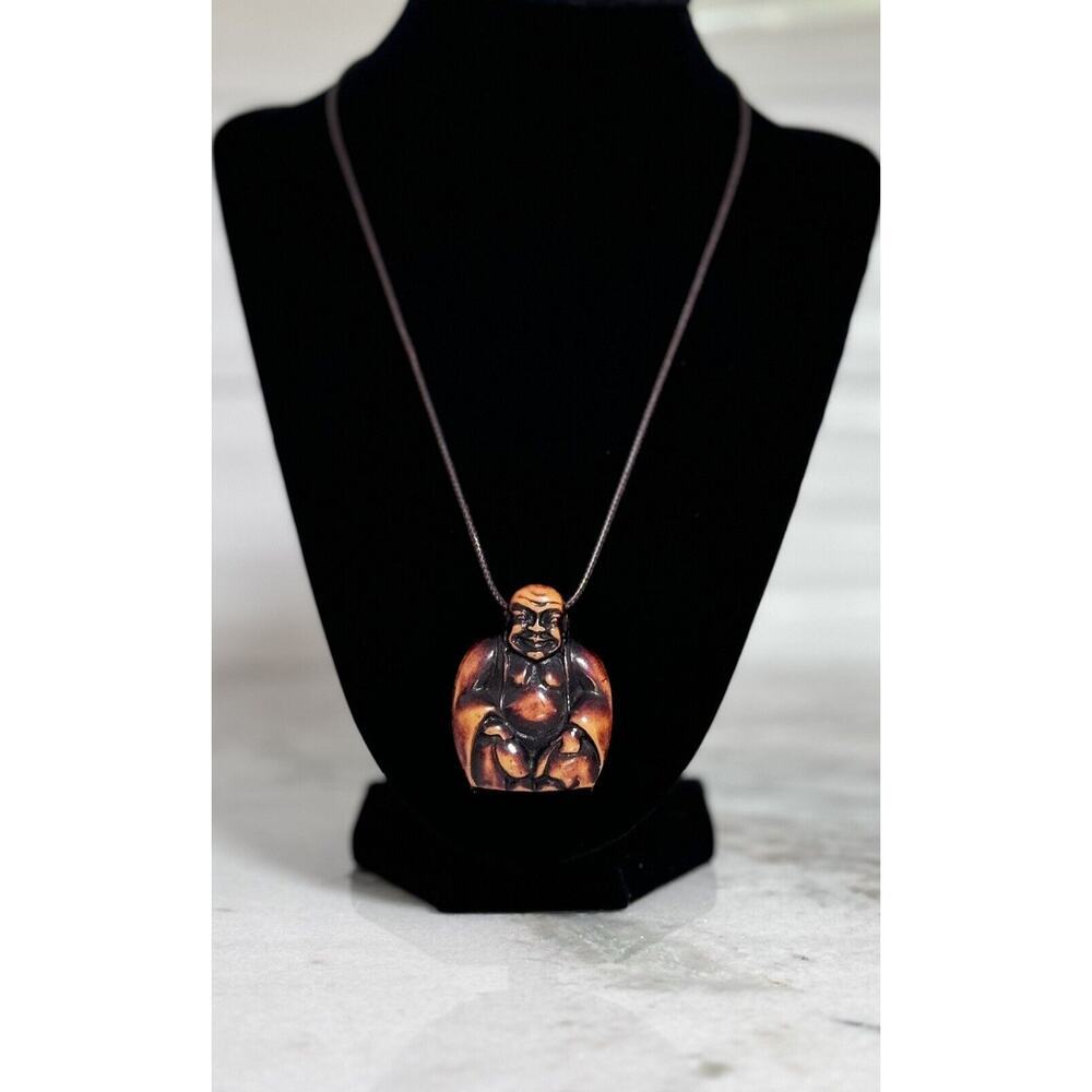 Vintage 80s MCM Chunky Buddah Bakelite Pendant Necklace Rare